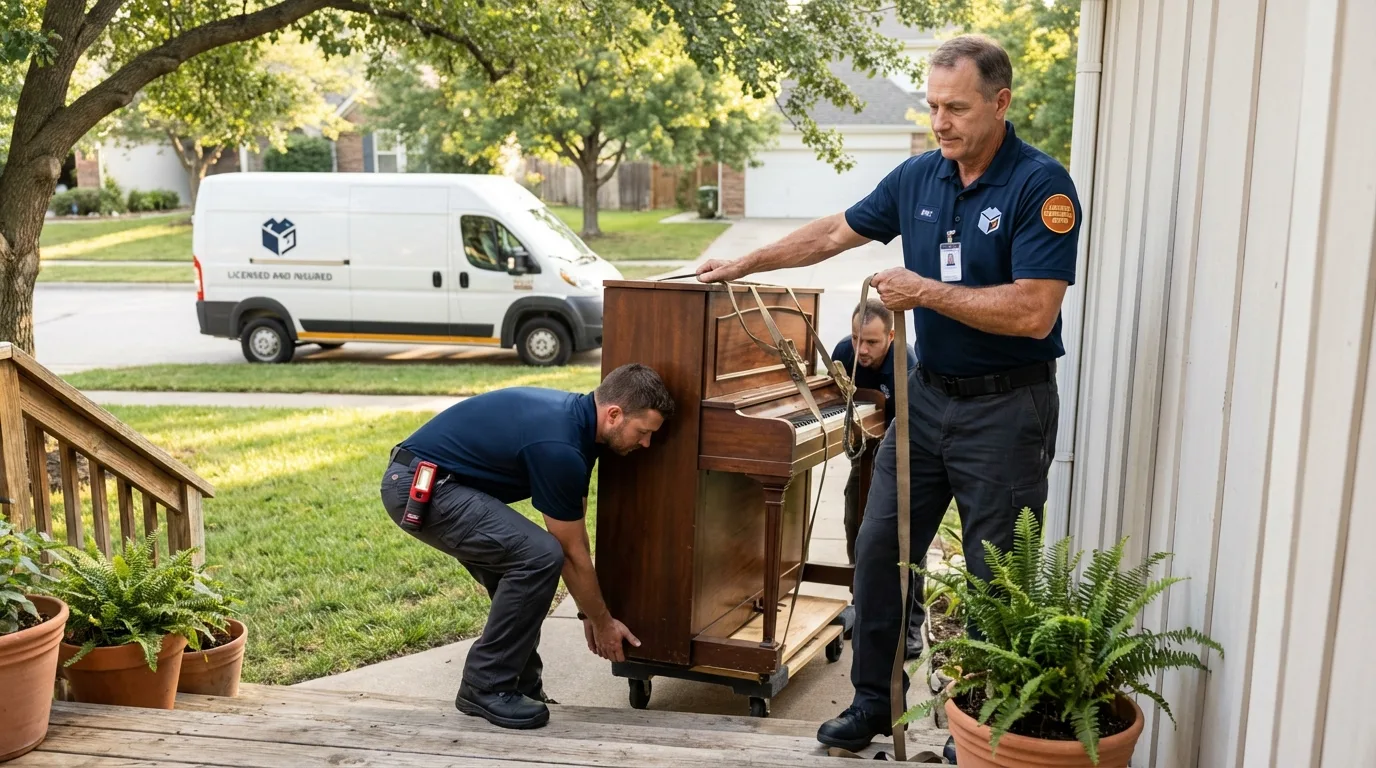 Licensed piano movers securing grand piano in Raymond, WA