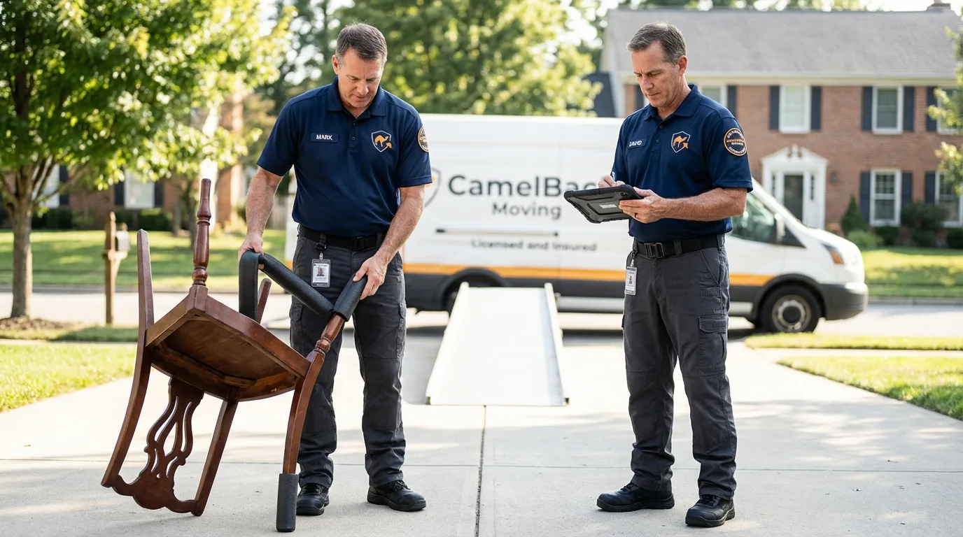 Movers inspecting furniture for damage prevention before loading in Raymond, WA