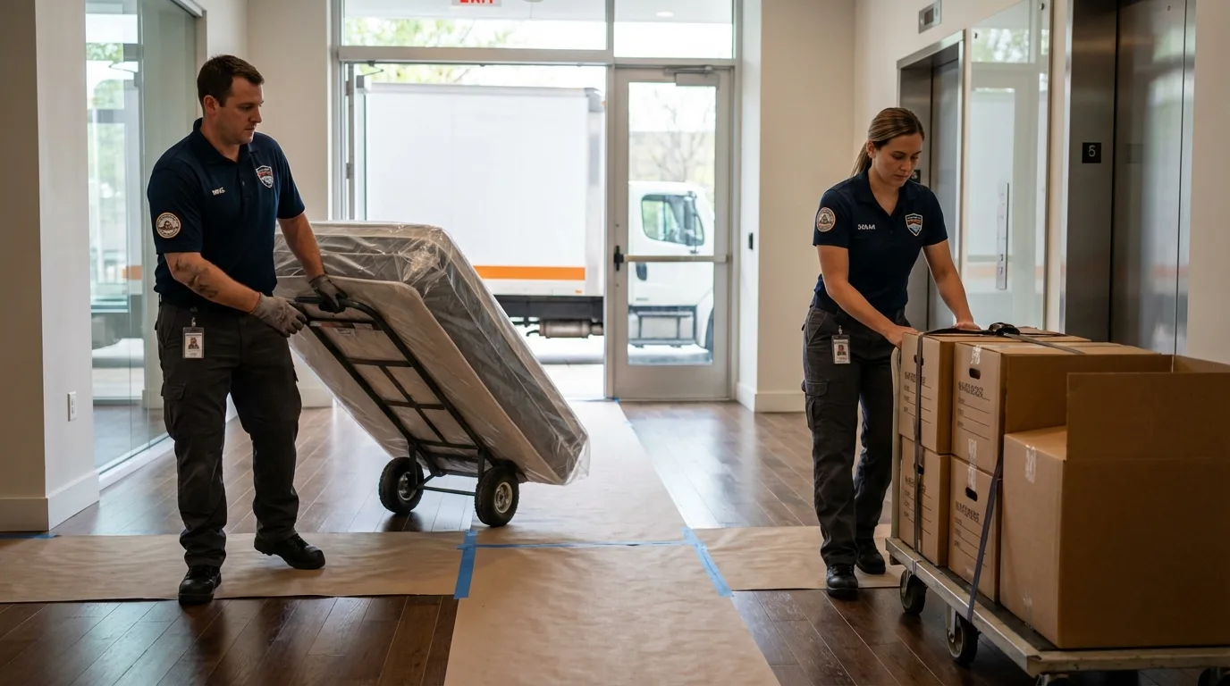 Professional apartment movers loading elevator in Raymond, WA